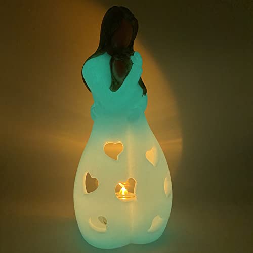Mother-Daughter Glow in The Dark Candle Holder Statue with Flickering LED Candle | Hand-Painted - Unique Gifts for Mother's Day, Christmas, Birthday | Greeting Card Included - color: Mom & Gaughter (Glow-light Brown)