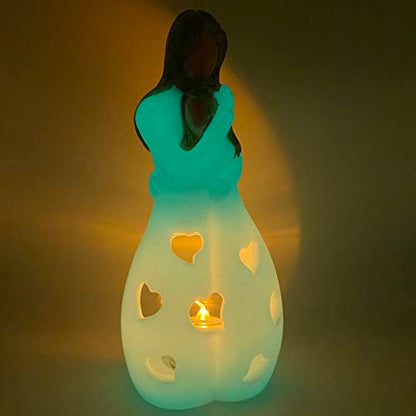 Mother-Daughter Glow in The Dark Candle Holder Statue with Flickering LED Candle | Hand-Painted - Unique Gifts for Mother's Day, Christmas, Birthday | Greeting Card Included - color: Mom & Gaughter (Glow-light Brown)