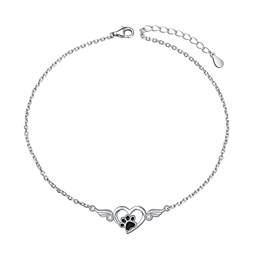 FLYOW 925 Sterling Silver Cute Paw Print Forever Love Heart Pendant Necklace/Bracelet/Stud Earrings Gift for Women, Box Chain 18" - style: Paw Anklet
