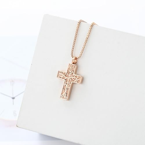 XSMZB Cross Urn Necklace for Ashes for Women Men Tree of Life Cross Cremation Jewelry Keepsake Pendant for Ashes of Loved One - color: Rose Gold