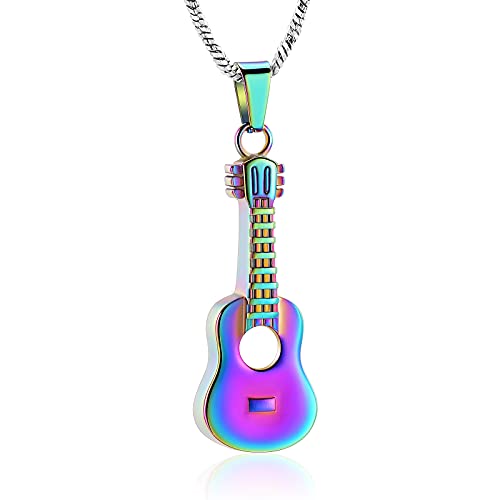 Yinplsmemory Cremation Jewelry Carved Guitar Urn Necklace for Ashes for Dad Cremation Pendant Ashes Holder Memorial Keepsake Urn Necklace for Women/Men - color: Rainbow
