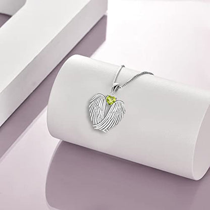 YFN Angel Wings Necklace 925 Sterling Silver Guardian Angel Wings Pendant Necklace Birthstone Necklace for Women Girls Christmas Jewelry Gifts - color: August wings