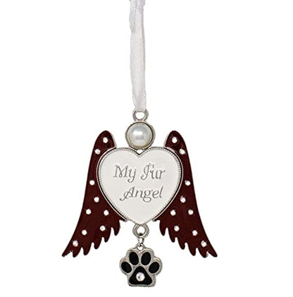 Pet Memorial Ornament Angel Wings with Paw Print Charm, My Fur Angel Engraved Heart, Rhinestone Jeweled Wings Hanging Remembrance Ornament, Dog Cat Loss Sympathy Gift, Pet Memorial Gift