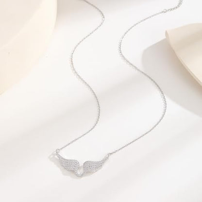 Bow Heart Pendent Pendant Necklace for Women White Crystal Necklace Dainty Silver Plated Necklace Bow Jewelry with Zirconia, Heart Choker Necklaces for Her Gifts - style: Wings Silver