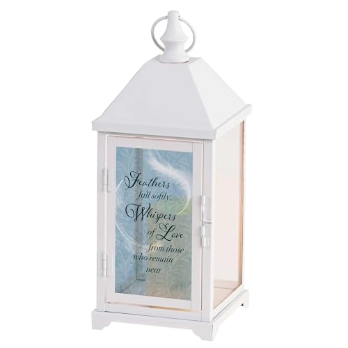 Magnolia Garden 14 Inch Crisp White Metal Traditional Lantern – LED Candle Bereavement Home Decor – “Feathers Fall Softly, Whispers of Love from Those Who Remain Near - size: 5.25 x 5.25 x 14, style: Feathers Fall Softly
