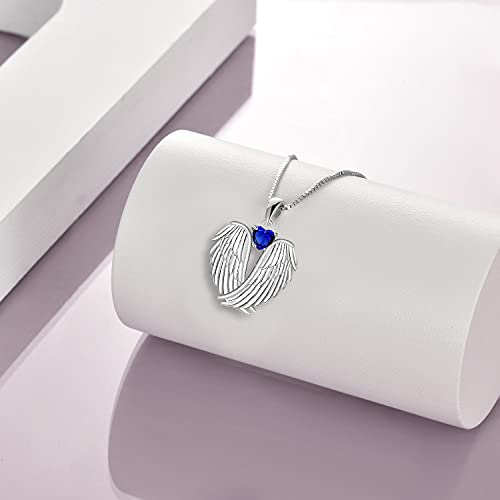 YFN Angel Wings Necklace 925 Sterling Silver Guardian Angel Wings Pendant Necklace Birthstone Necklace for Women Girls Christmas Jewelry Gifts - color: September
