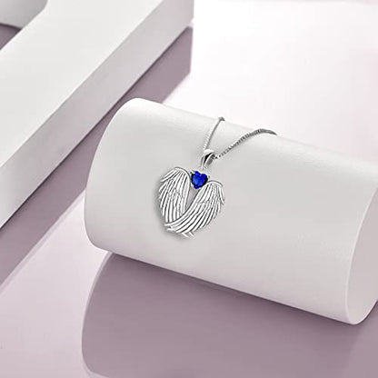 YFN Angel Wings Necklace 925 Sterling Silver Guardian Angel Wings Pendant Necklace Birthstone Necklace for Women Girls Christmas Jewelry Gifts - color: September