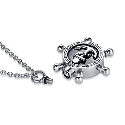 GMXLin Compass Nautical Ship Wheel Cremation Urn Necklace for Ashes Keepsake Memorial Stainless Steel Pendant Jewelry for Men Women