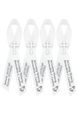 Amy's Bubbling Boutique 20 Personalized Memorial Service Ribbon Pins for Funeral Celebration of Life Name & Dates - Custom Ribbon Made Assembled Awareness