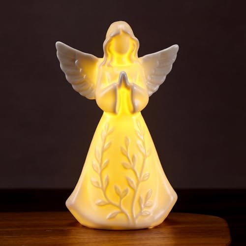 Riakrum Ceramic Pray Guardian Angel Night Light Figurine | Willow Messenger LED Ceramic with Wings Faith Decor for Sympathy Gifts, with Lighting Gift for Birthday - style: Pray
