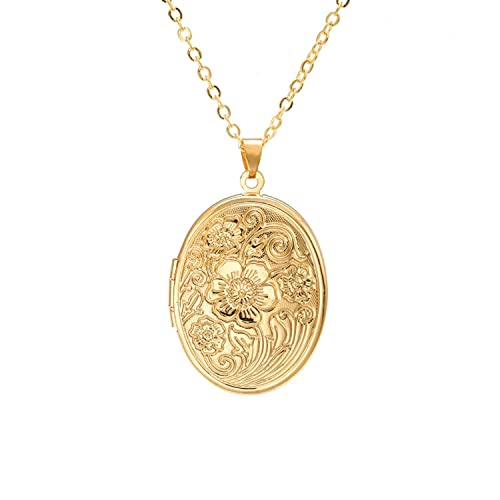 Vintage Engraved Flower Locket Picture Pendant Necklace Antique Carved Pattern Oval Heart Pendant Necklace For Women Hold Picture Souvenir Memorial Jewelry - color: Gold Flower