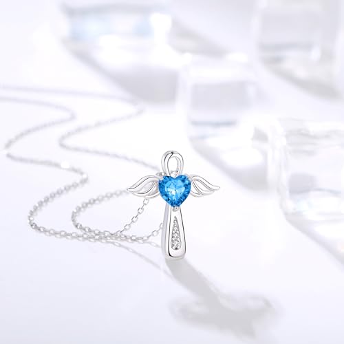YLT S925 Sterling Silver Cross Angel Wings Necklace for Ashes | Cremation Urn Pendant Birthstone Jewelry Memorial Keepsake Memory Ashes Jewelry Gifts - color: Aquamarine
