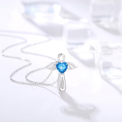 YLT S925 Sterling Silver Cross Angel Wings Necklace for Ashes | Cremation Urn Pendant Birthstone Jewelry Memorial Keepsake Memory Ashes Jewelry Gifts - color: Aquamarine