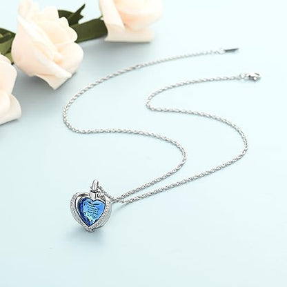 shajwo Angel Wing Heart Urn Ashes Necklace for Women Men | Cremation Jewelry,Birthstone Necklace of Loved One,Memorial Pendant for Human Pet - color: Silver-Blue