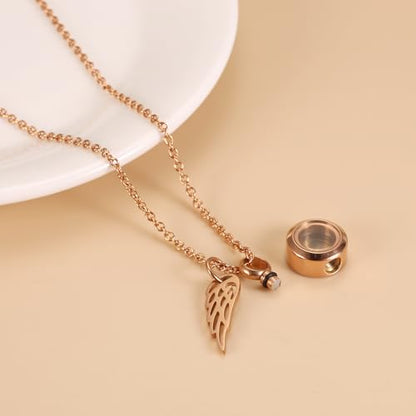 Tiny Glass Round Cremation Urn Necklace For Ashes For Women With Angel Wing Stainless Steel Memorial Locket Necklace Keepsake Jewelry - color: Rose Gold