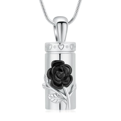Rose Urn Necklace for Ashes for Women/Men Flower Cremation Pendant Memorial Keepsake Jewelry Gift for Loved One - color: Silver-black