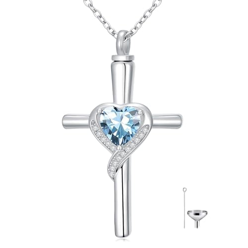 TOUPOP Cross Urn Necklaces for Ashes Birthstone Cremation Jewelry 925 Sterling Silver Cross Memorial Keepsake Funeral Jewelry for Women (with Funnel Filler) - color: 03-March-Aquamarine