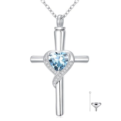 TOUPOP Cross Urn Necklaces for Ashes Birthstone Cremation Jewelry 925 Sterling Silver Cross Memorial Keepsake Funeral Jewelry for Women (with Funnel Filler) - color: 03-March-Aquamarine