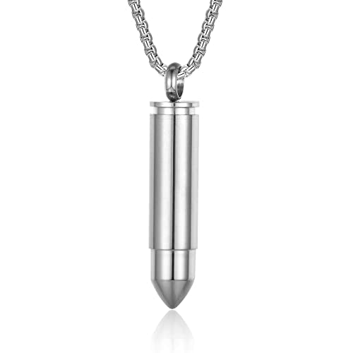 Bullet Urn Necklace for Ashes Stainless Steel Box Chain 24 inch American Flag Pendant Cremation Memorial Jewelry for Men - color: Silver
