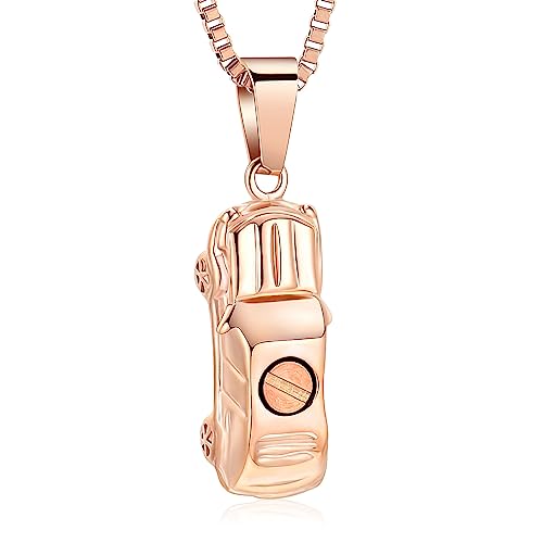 XSMZB Mini Car Cremation Jewelry Memorial Urn Necklace for Ashes Stainless Steel Pendant Human Pet Ashes Holder Keepsake Gift for Men Women - color: Rose Gold