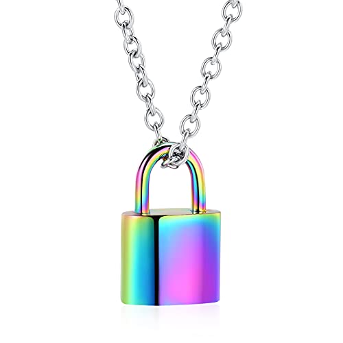 Imrsanl Padlock Cremation Jewelry for Ashes Urn Necklace for Women Men Stainless Steel Keepsake Memorial Punk Lock Pendant Ashes Holder - color: Colorful