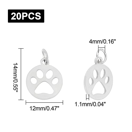 UNICRAFTALE 20Pcs Cute Dog Paw Print Charm 14Mm Flat Round Stainless Steel Charm Pendants, Puppy Pet Animal Footprint for DIY Necklace Jewelry Making