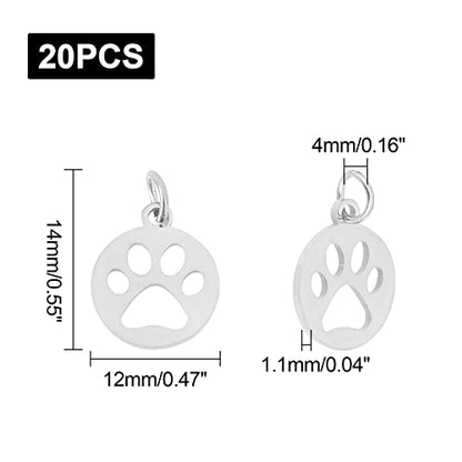 UNICRAFTALE 20Pcs Cute Dog Paw Print Charm 14Mm Flat Round Stainless Steel Charm Pendants, Puppy Pet Animal Footprint for DIY Necklace Jewelry Making