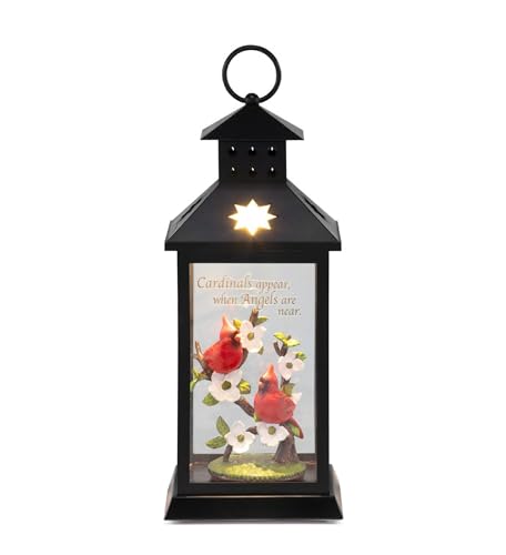 Napco Cardinals Appear When Angels are Near Memorial Lantern – 14.75 Inch Black Metal LED Light with Cardinal and Floral Design, Soothing Sympathy Decorative Accent for Home or Garden