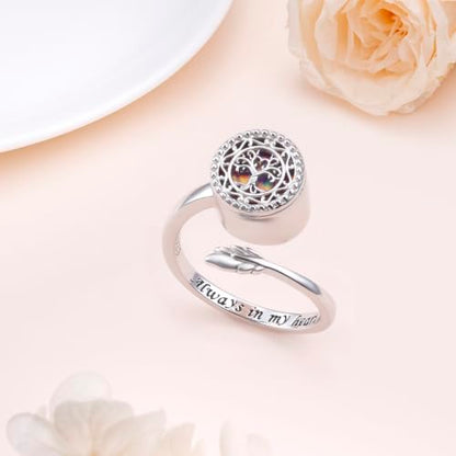 Tree of Life Urn Ring for Ashes 925 Sterling Silver Cremation Ring | Adjustable Family Tree with Opal Memorial Keepsake Jewelry Always in My Heart Cremation Ash Open Ring for Women