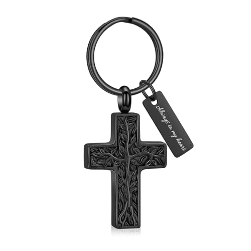XSMZB Cross Urn Necklace for Ashes for Women Men Tree of Life Cross Cremation Jewelry Keepsake Pendant for Ashes of Loved One - color: Black Keychain
