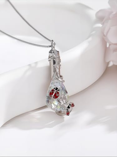 JKR Heart Urn Necklace for Ashes Crystal Keepsake Pendant Memorial Jewelry - style: Ladybug-Teardrop