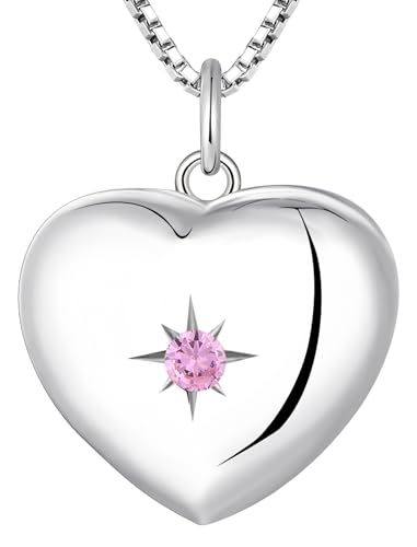 YL Heart Locket Picture Necklace Sterling Silver Personalized Photo Pendant Birthstone Jewelry for Women - color: 10-pink tourmaline-Oct