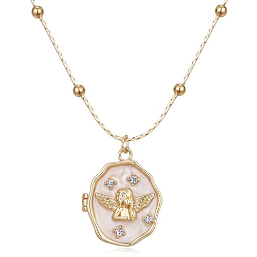 Gold Locket Necklace for Women Vintage, Oval Angel Shell Locket Pendant that Holds Picture Photo Memorial Necklace Personalized Protection Jewelry Birthday Gifts
