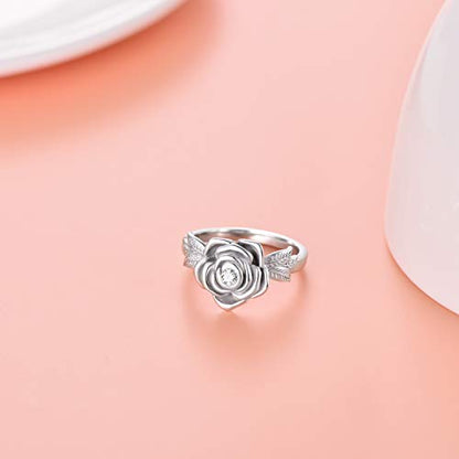 925 Sterling Silver Rose Flower Cremation Urn Ring Holds Loved Ones Ashes Cremation Keepsake Ring Jewelry Embellished with Crystals from Austria - color: Silver