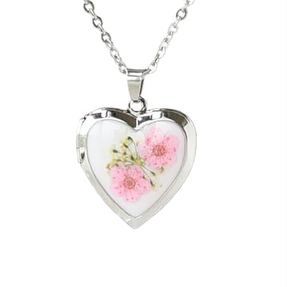 Heart Locket Necklace That Holds Pictures Pressed Flower Photo Locket Pendant Necklace for Girl Women Gift for Her - style: forget me not pink-silver