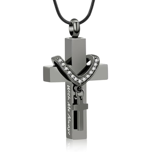 Cremation Jewelry for Ashes Pendant - Cross Urn Necklace with Mini Keepsake Urn Memorial Ash Jewelry - color: With me always-Black