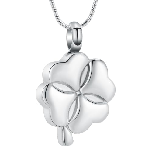 Cremation Jewelry Memorial Urn Necklace for Ashes Lucky Four-Leaf Clover Urn Pendant Necklace Ashes Keepsake for Women Men - color: Silver