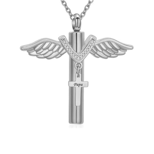 Cross Urn Necklace for Human Ashes Angel Wings Cremation Pendant Necklaces Memorial Keepsake Jewelry for Papa Mom Dad Grandma Grandpa Brother Uncle Aunt - style: Papa