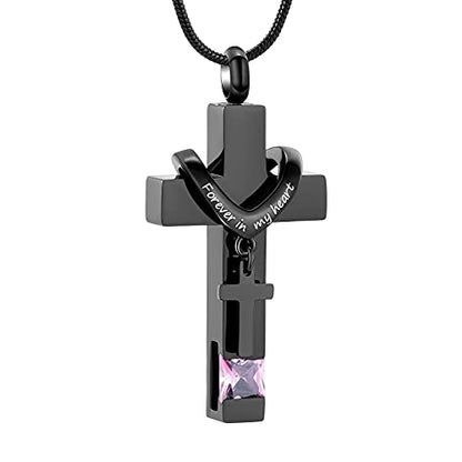 Forever in My Heart Birthstone Personalized Double Cross Urn Pendant Cremation Jewelry for Ashes Cross Ashes Keepsake - color: Pink