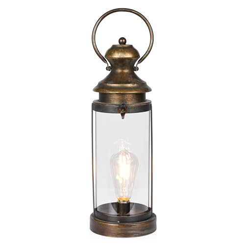 Alpine Corporation ILT102HH-S-GD Gold Metal & Glass Lantern with Warm White LED Light, LED Patio Light, 17" H, Small, Gold - style: 19" H - Gold Metal and Glass w/ Light