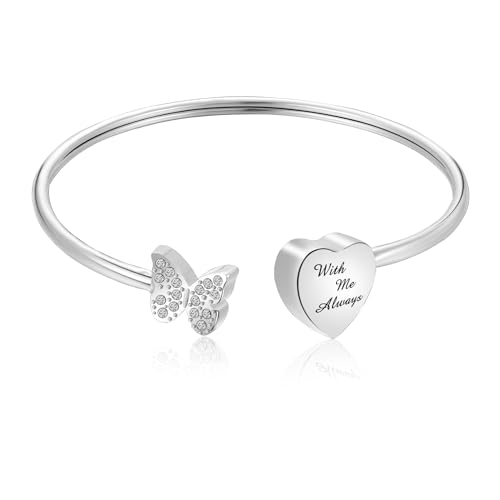 XIUDA Urn Bracelet for Human Ashes Butterfly Heart Ash Bracelet for Women Stainless Steel Openable Cuff Bangle Cremation Bracelet - Always in My Heart - color: Silver, With Me Always