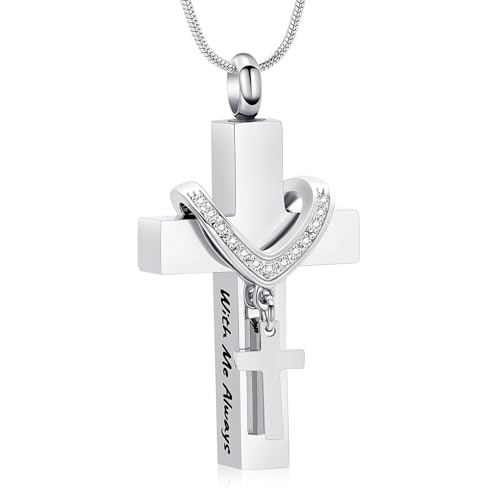 shajwo Cross Urn Necklace for Ashes Birthstone Rose Flower Cremation Jewelry for Women Gilrs Keepsake Memorial Ashes Pendant - color: B-Silver