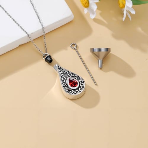 Teardrop Urn Necklace for Ashes Filigree Birthstone Keepsake Pendant Cremation Jewelry for Ashes Memorial Jewelry Gifts for Loss of a Loved One for Women - style: Jan-Garnet