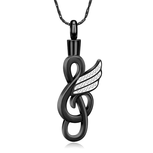 Imrsanl Music Note Urn Necklace for Ashes Musical Symbol with Wing Memorial Pendant Cremation Jewelry for Women Men Ashes Holder Funeral Keepsake - color: Black