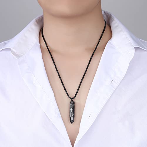 Mens Urn Necklace For Ashes Bullet Shape Cross Cremation Urn Jewelry - color: Black Tone