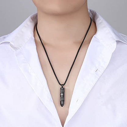 Mens Urn Necklace For Ashes Bullet Shape Cross Cremation Urn Jewelry - color: Black Tone