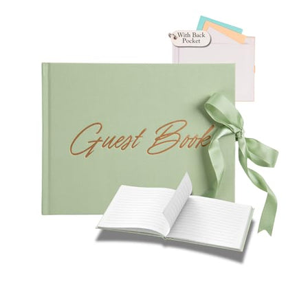 Wedding Guest Book with Keepsake Pocket & Satin Bow Closure Linen Hardcover - color: Sage Green