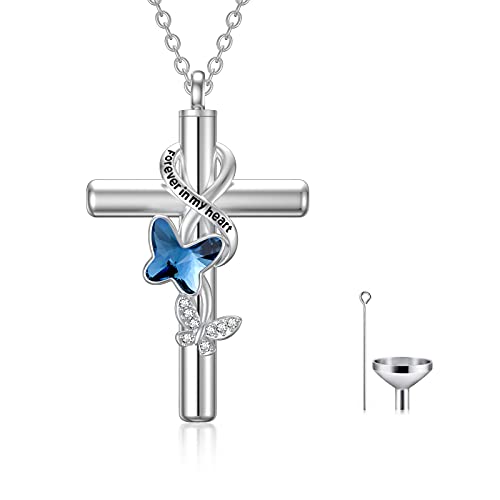 Cross Urn Necklace for Ashes 925 Sterling Silver Cremation Jewelry with Funnel Filler Kit Ashes Necklace for Human Women Girl Pets - color: A_Blue Butterfly Urn Necklace, style: Non-personalized