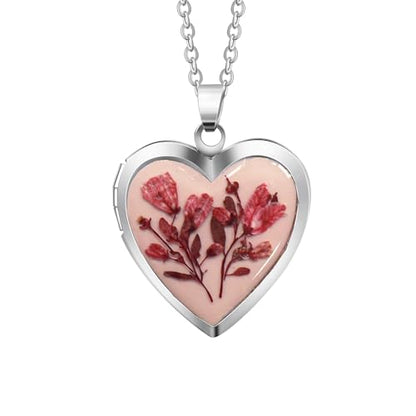 Handmade Dried Pressed Flower Heart Shaped Photo Locket Pendant Necklace - color: Silver, style: Customized pattern with photo