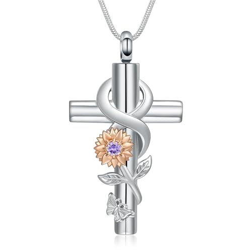 Cross Sunflower Cremation Jewelry Urn Necklaces Cross Urn Pendant Necklaces for Ashes Memorial Keepsake Pendant for Women Men Gifts With Funnel Kit & Bag - color: Rose+Purple
